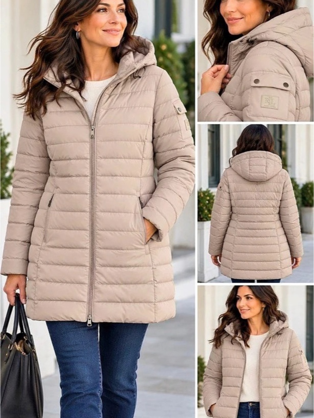 Lauren Ralph Lauren Hooded Puffer Coat in Beige Size Large Like New
